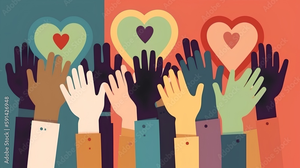 Charity illustration concept with raised hands and hearts. Community compassion, love, and support t