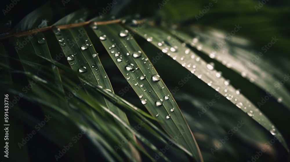 Closeup of palm tropical plant leaves with rain drops. Green natural backdrop. Generative AI