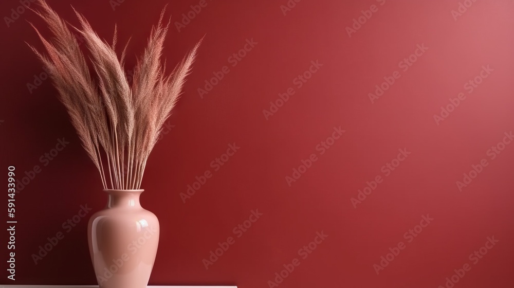 Vase with decorative plant branch against red wall background. Minimalist interior mockup. Generativ