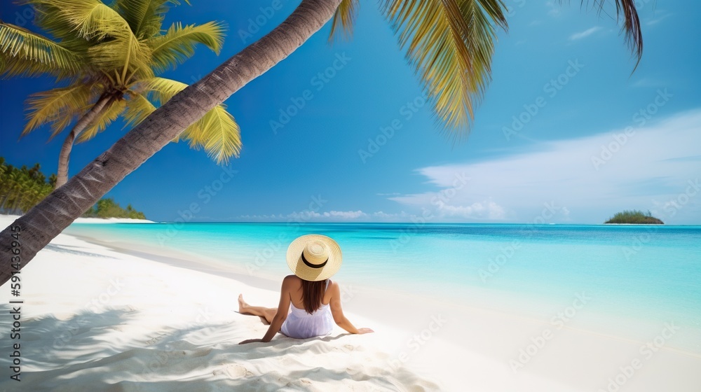 Woman relaxing on tropical beach against paradise ocean. Summer seascape with palm leaves. Generativ