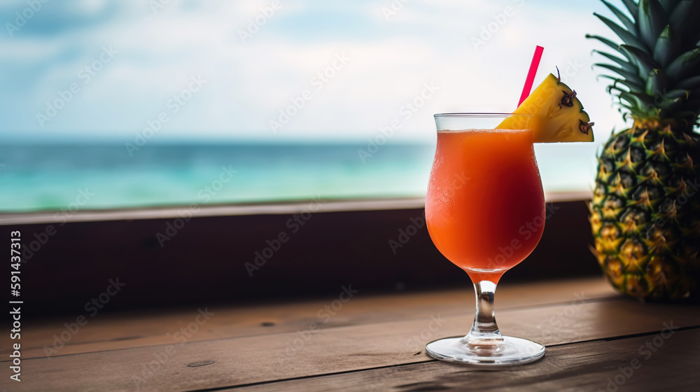 Bay Breeze cocktail on background with blue sea and sky tropical background. Generative AI