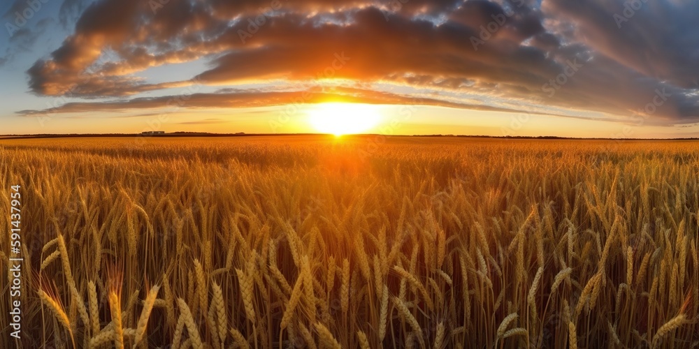 Panoramic view on field of golden ripe wheat on sunset. Generative AI