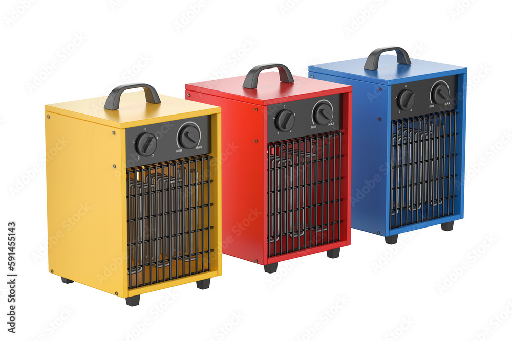 Three industrial electric fan heaters on transparent background