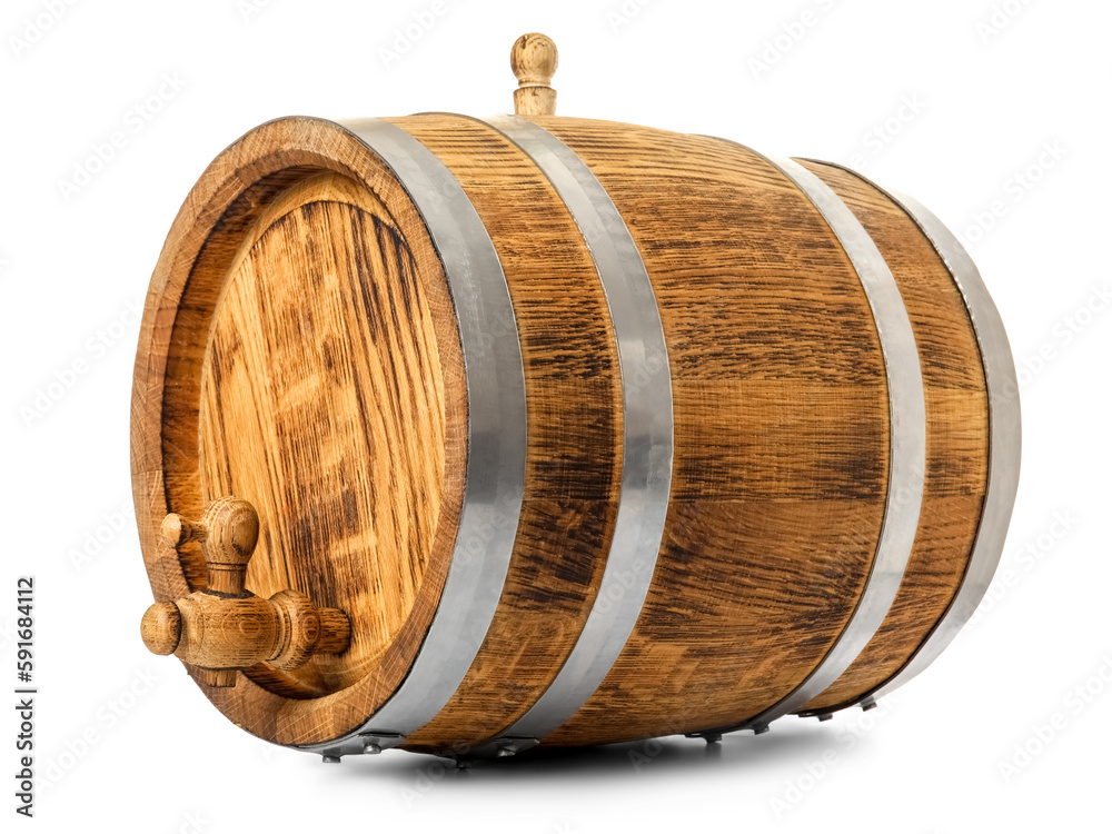 Oak barrel with metal hoops and tap isolated on white background