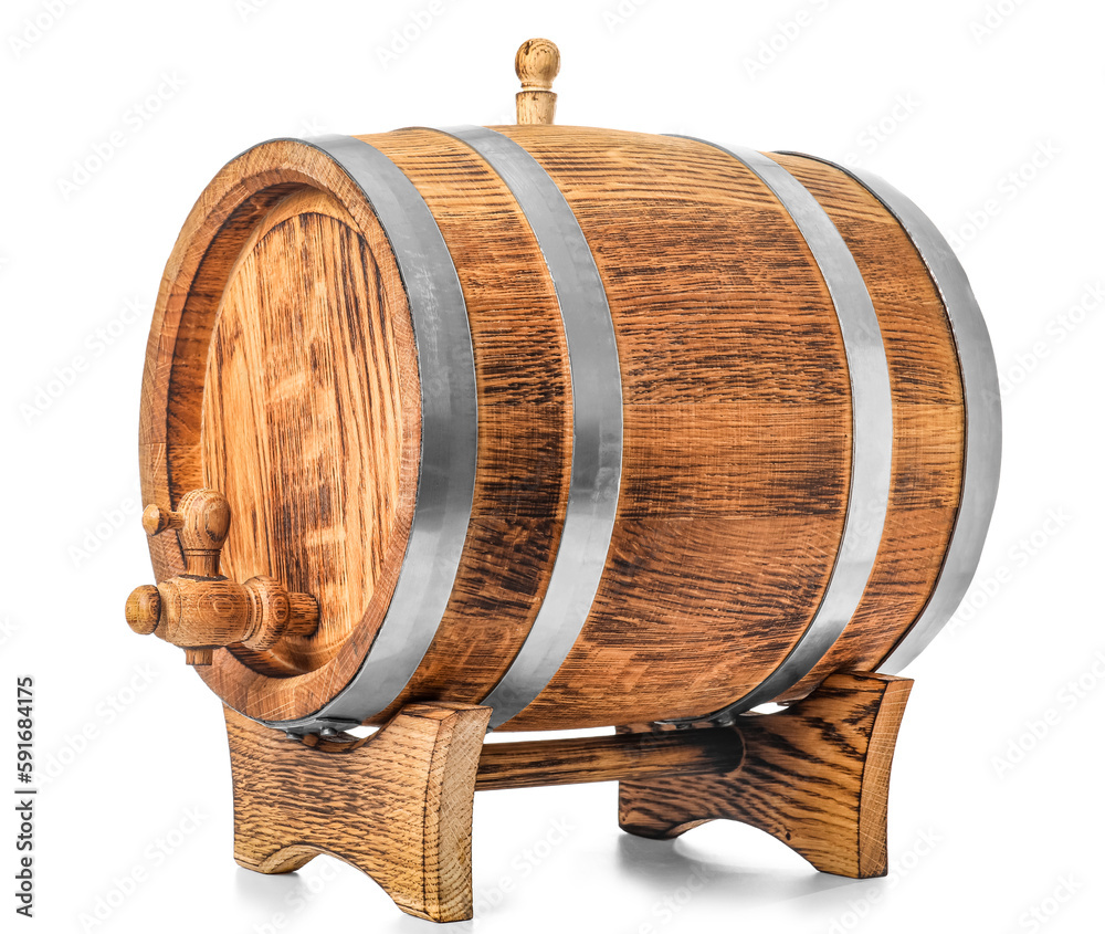 Oak barrel with metal hoops and tap isolated on white background