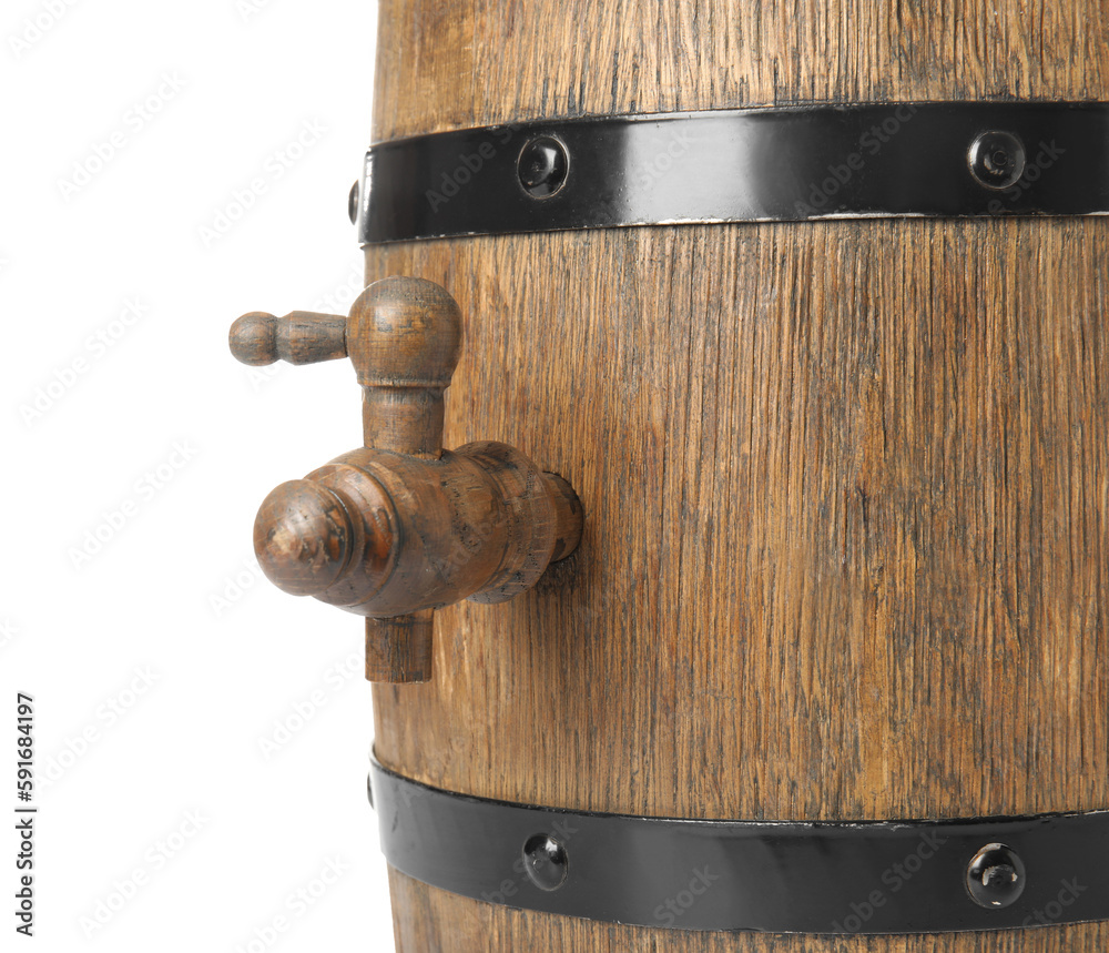 Oak barrel with metal hoops and tap isolated on white background