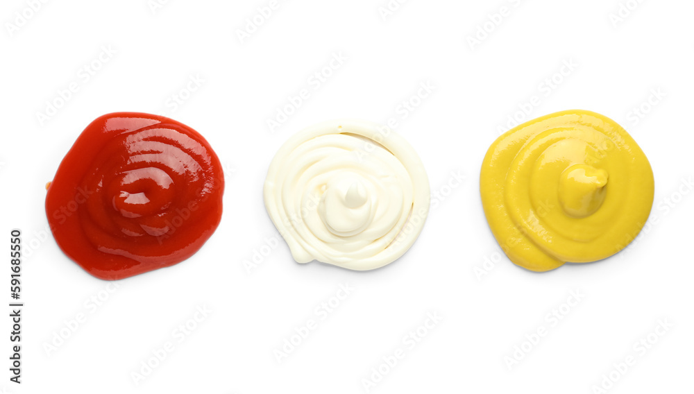 Samples of ketchup, mayonnaise and mustard isolated on white background