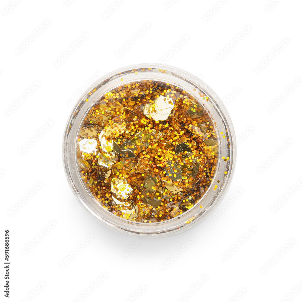 Jar of glitter on white background