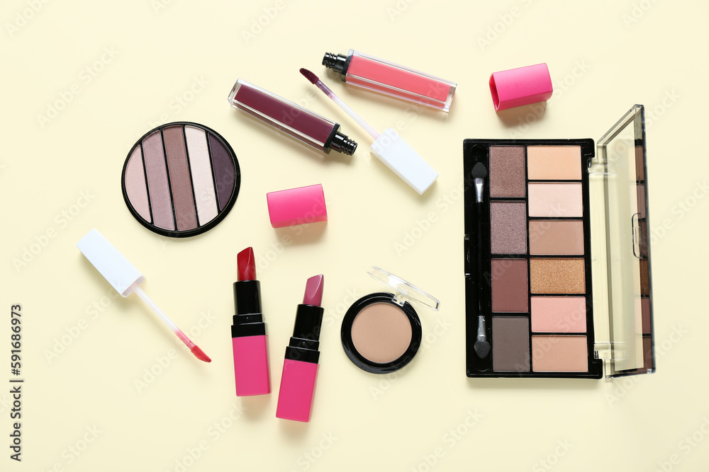 Set of different decorative cosmetics on color background