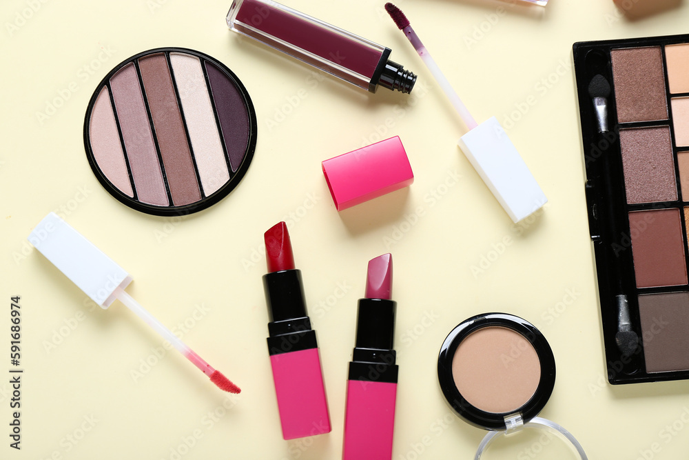 Set of different decorative cosmetics on color background