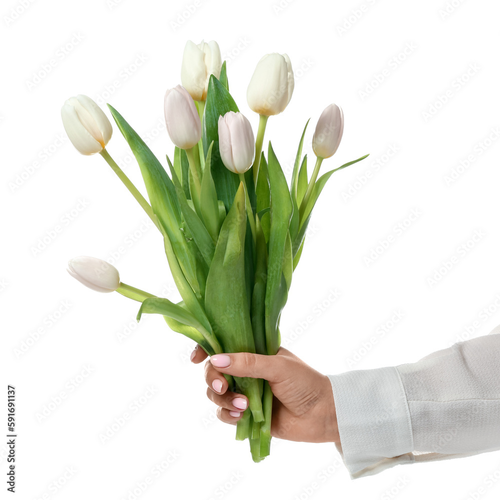 Woman with tulips on white background. Hand care concept