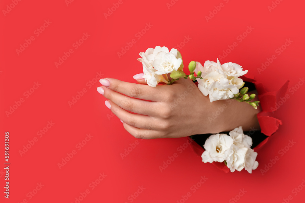 Female hand with white flowers visible through hole in red paper