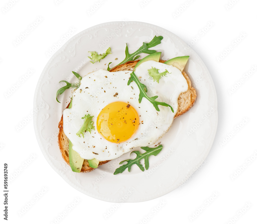 Delicious sandwich with fried egg, avocado and arugula on white background