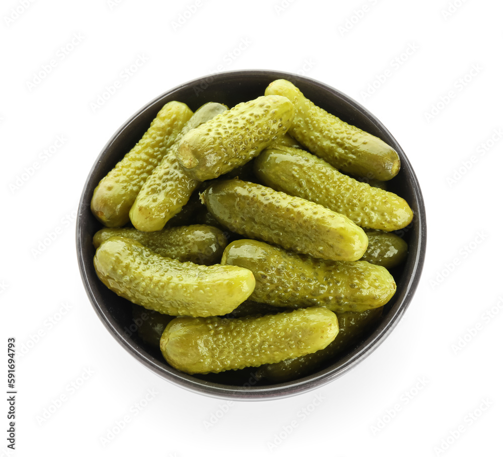 Bowl with tasty fermented cucumbers on white background