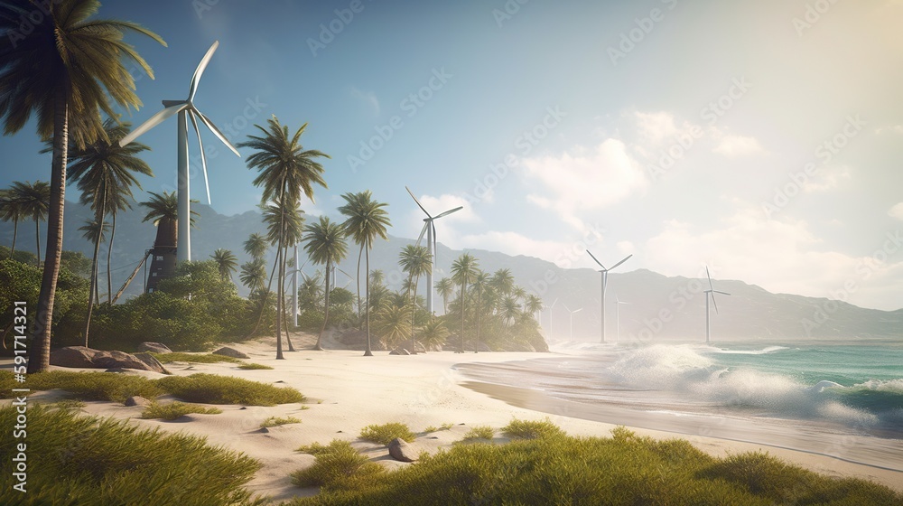 Windmill farm on the tropical ocean shore, windmills on a sunny day. Generative AI