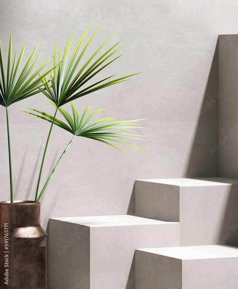 Three square geometric design step concrete podium, palm tree in sunlight, shadow on gray cement cor