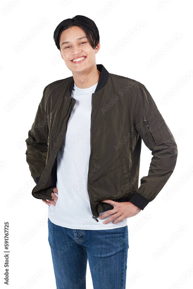 Happy, stylish and portrait of an Asian man smiling on an isolated, transparent png background. Fash