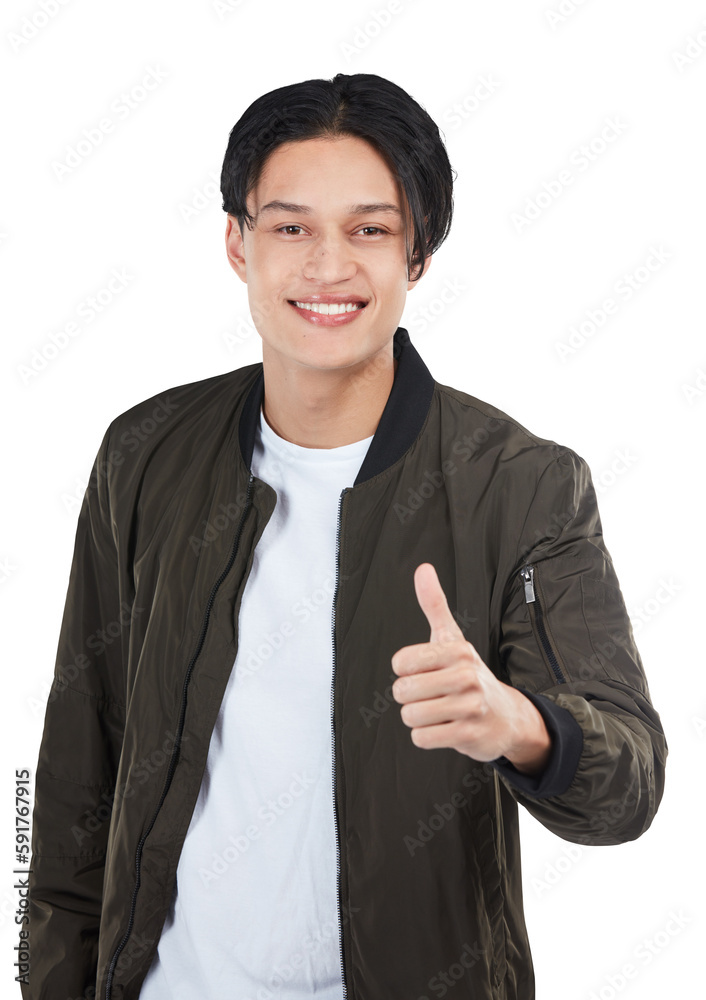 Success, thumbs up and portrait of man on an isolated, transparent png background. Ok hand gesture, 