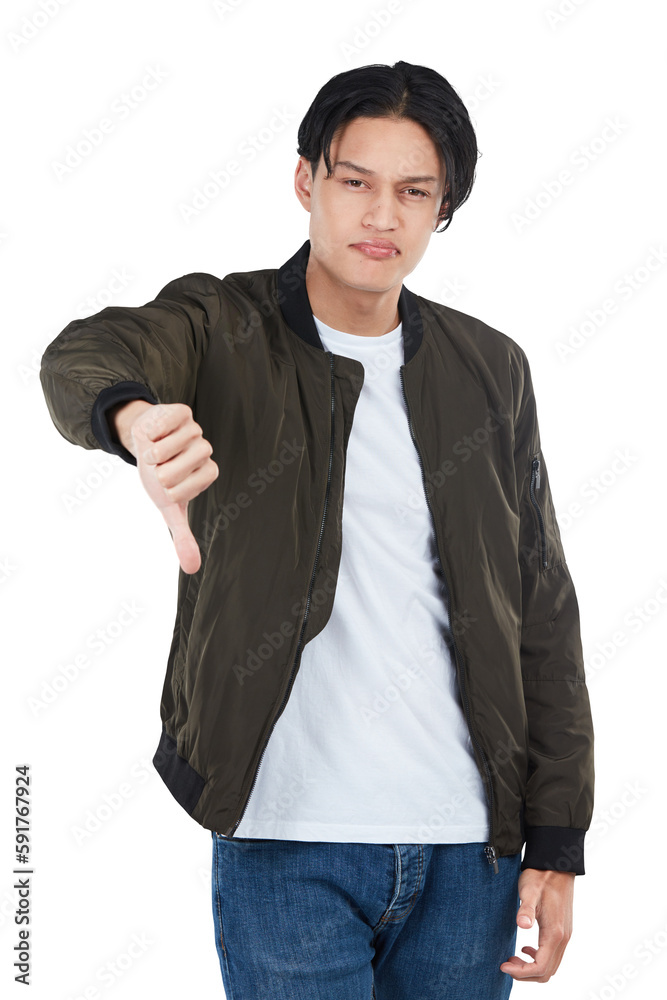 Fail, thumbs down and portrait of man on a isolated, transparent png background. Dislike hand gestur