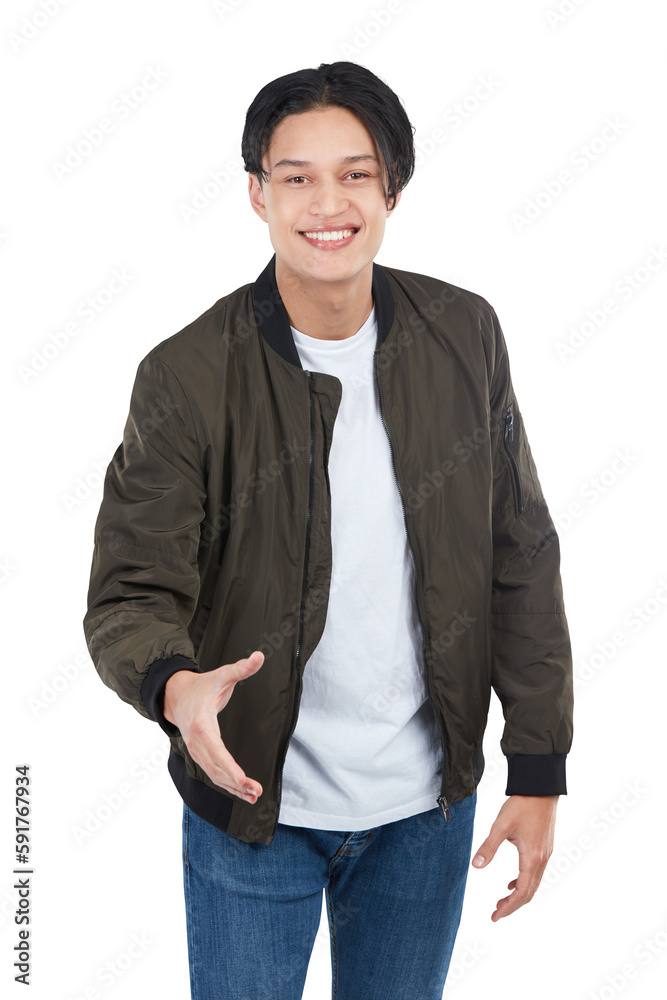 Fashion portrait, man and handshake on isolated, transparent png background. Thank you, greeting and