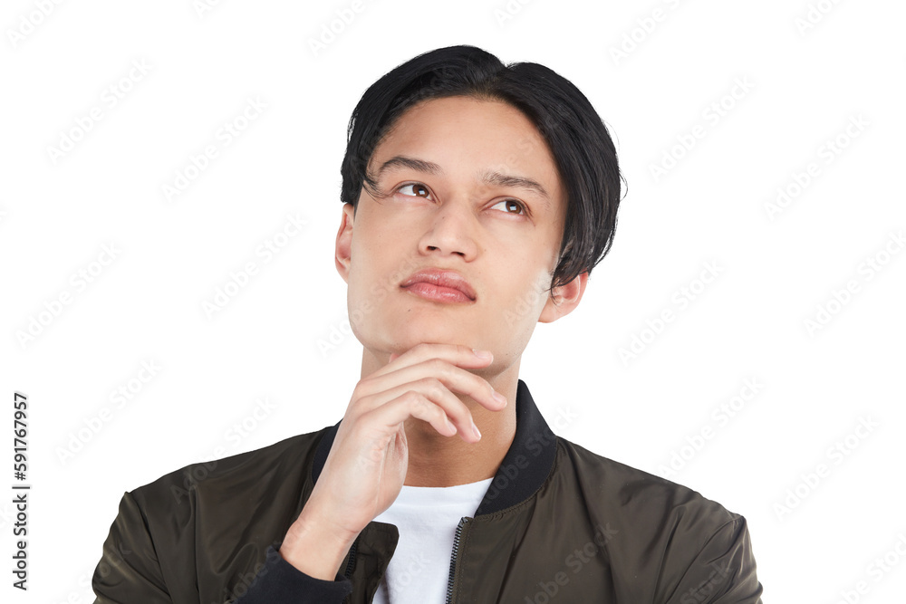 Thinking, decision and Asian man planning idea on an isolated and transparent png background. Soluti