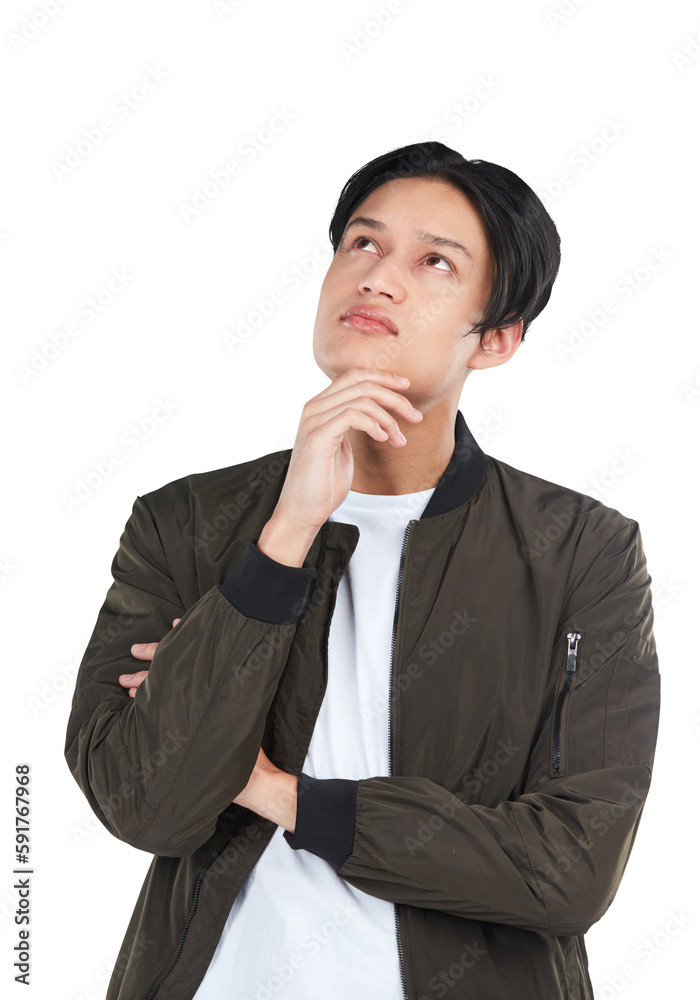 Thinking, idea and Asian man with a problem on an isolated and transparent png background. Solution,