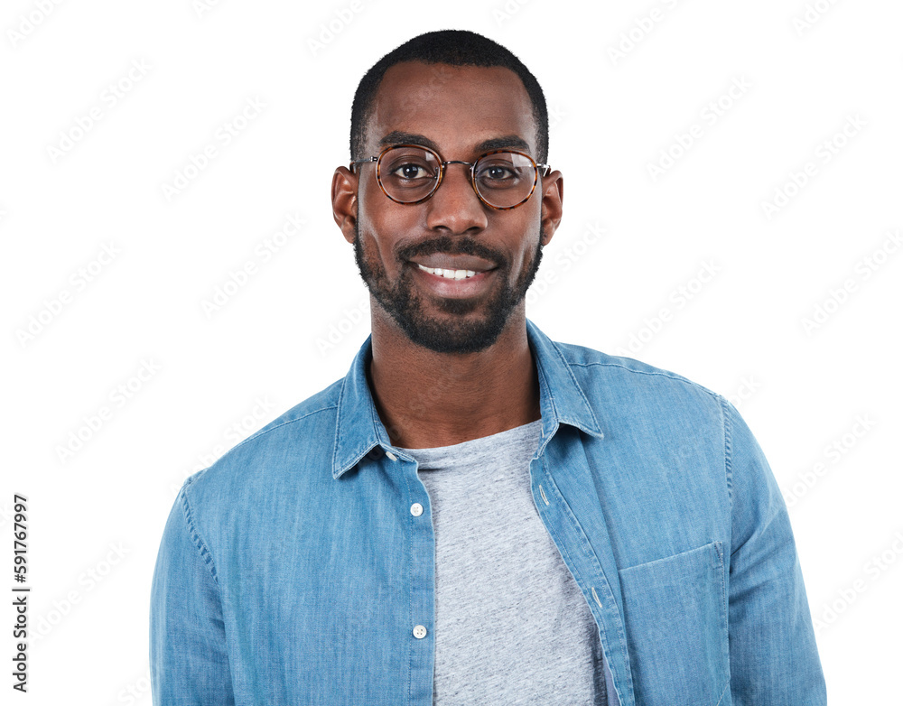 Young black man, face and smile with glasses ready on an isolated and transparent png background for