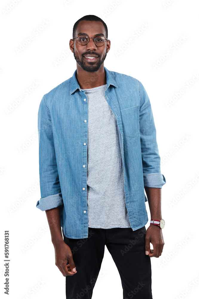 Young black man, smile portrait and standing ready on an isolated and transparent png background for