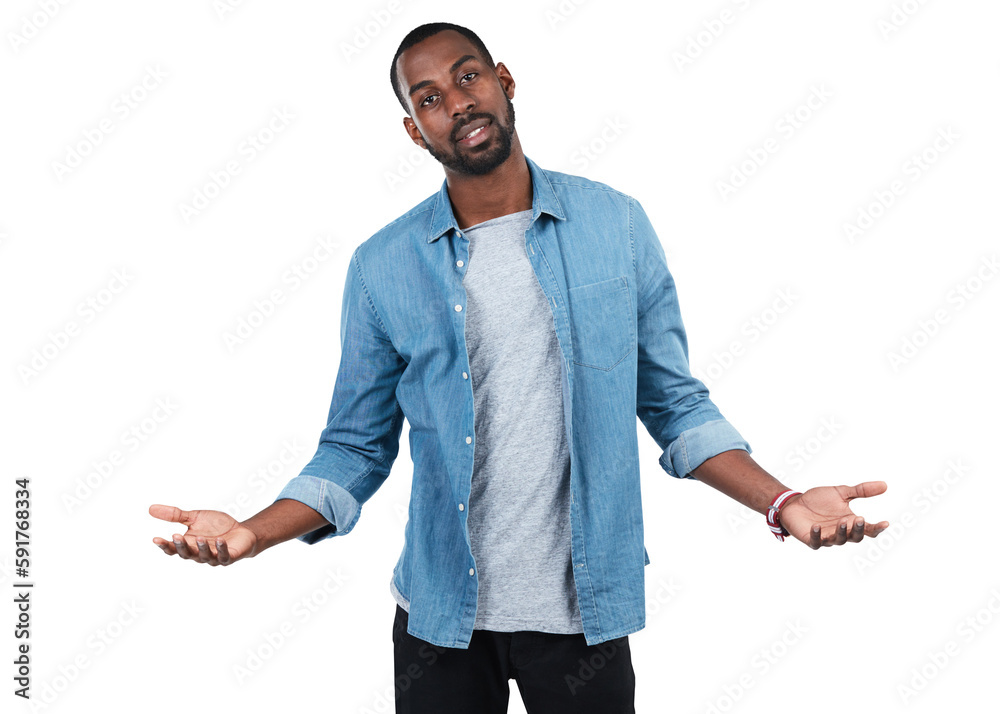 Portrait, shrug and a black man on an isolated and transparent png background asking what or why. Do