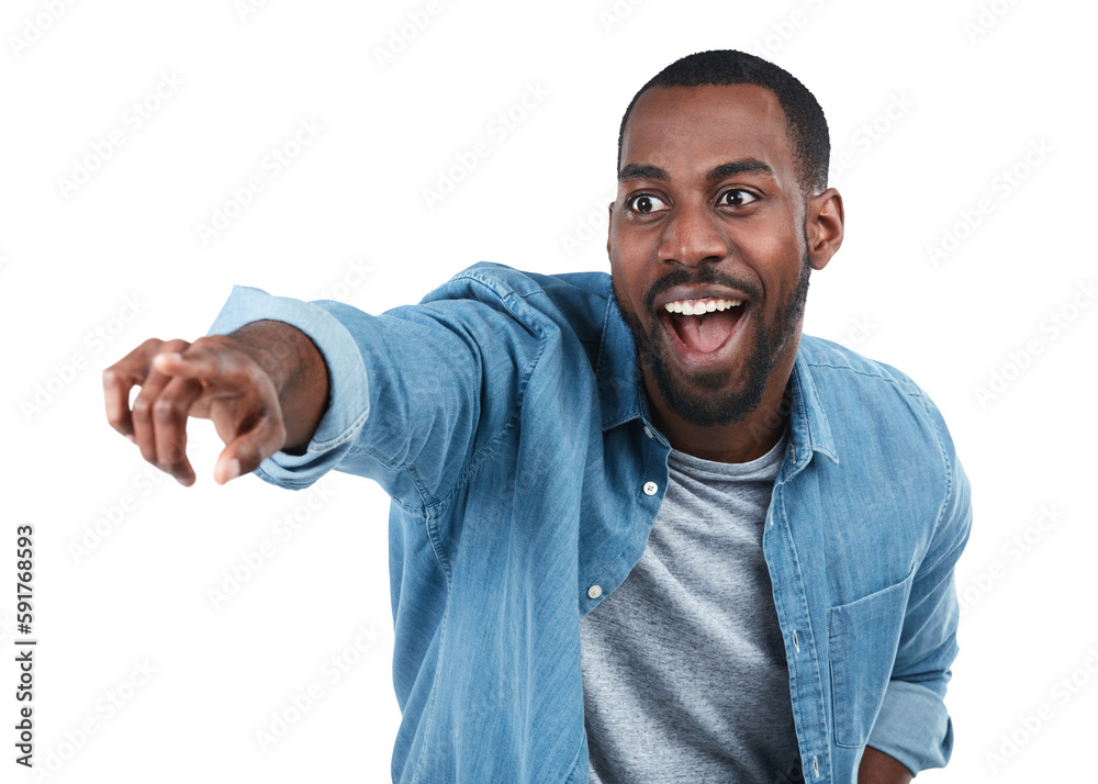 Black man, pointing and portrait with excited smile, motivation or vision on an isolated and transpa