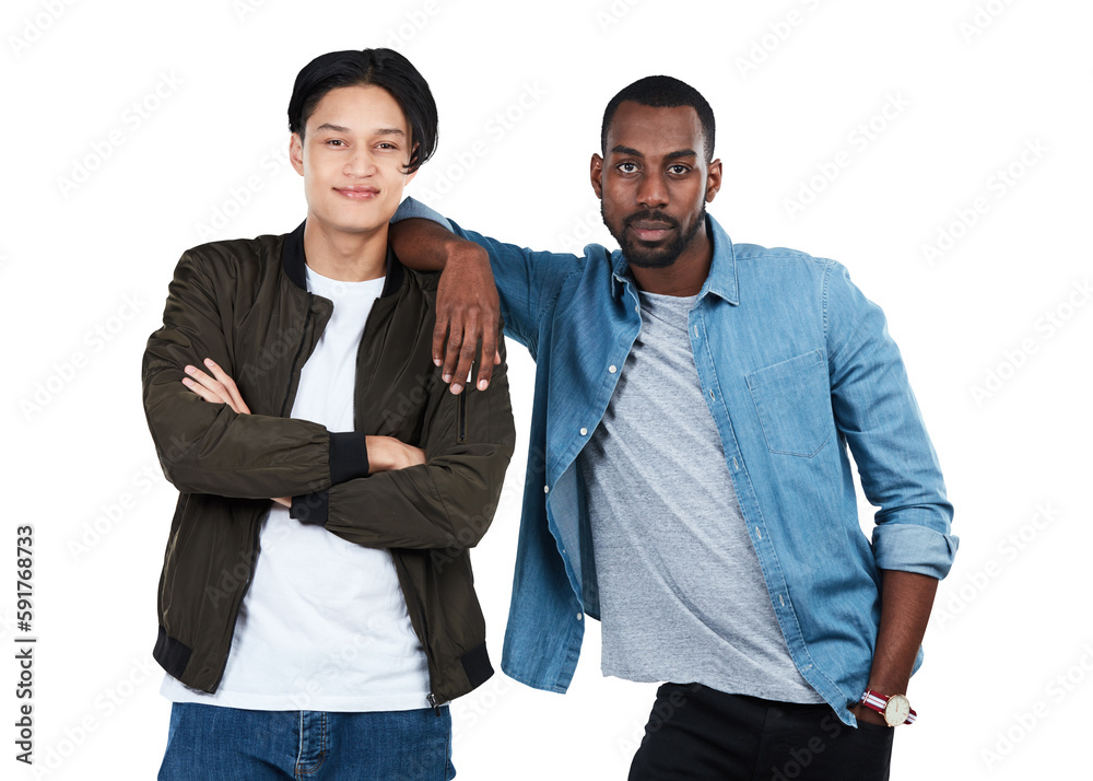 Fashion, men and portrait of friends on an isolated and transparent png background with casual, styl