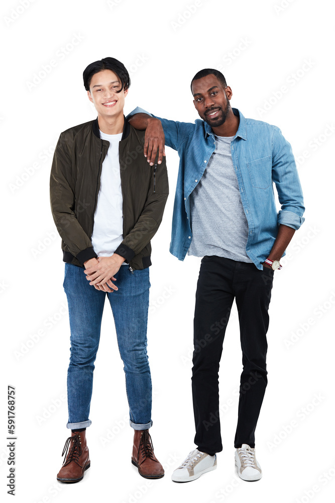 Happy, friends and men fashion portrait of full body in trendy, cool and casual person style on an i