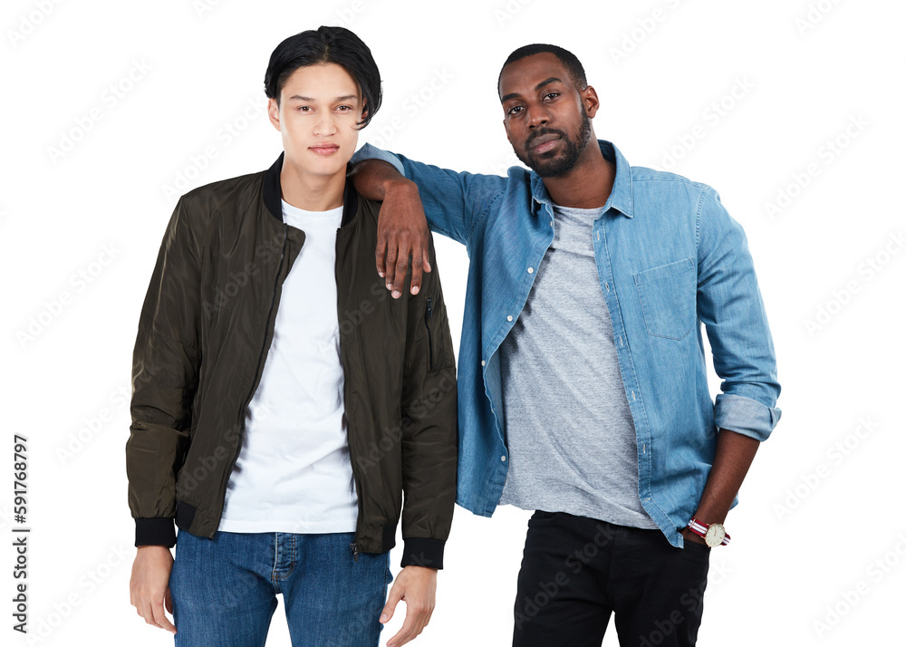 Two young men, portrait and friends at college for confidence, motivation or goals on an isolated, t