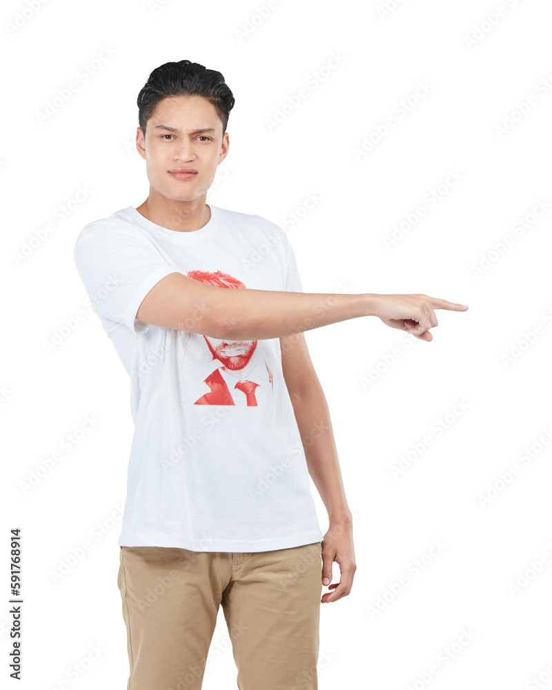 Man, pointing to space for marketing, advertising or product placement on an isolated, transparent p