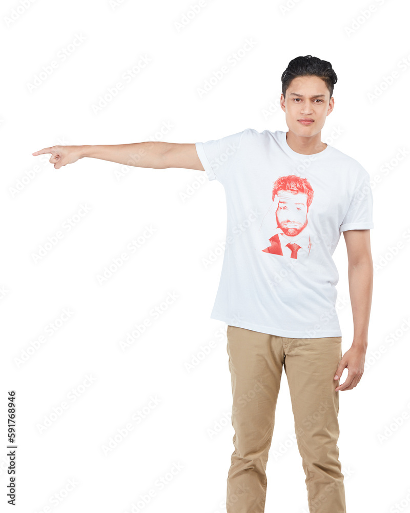 Man, pointing to space for marketing, advertising or product placement on an isolated and transparen