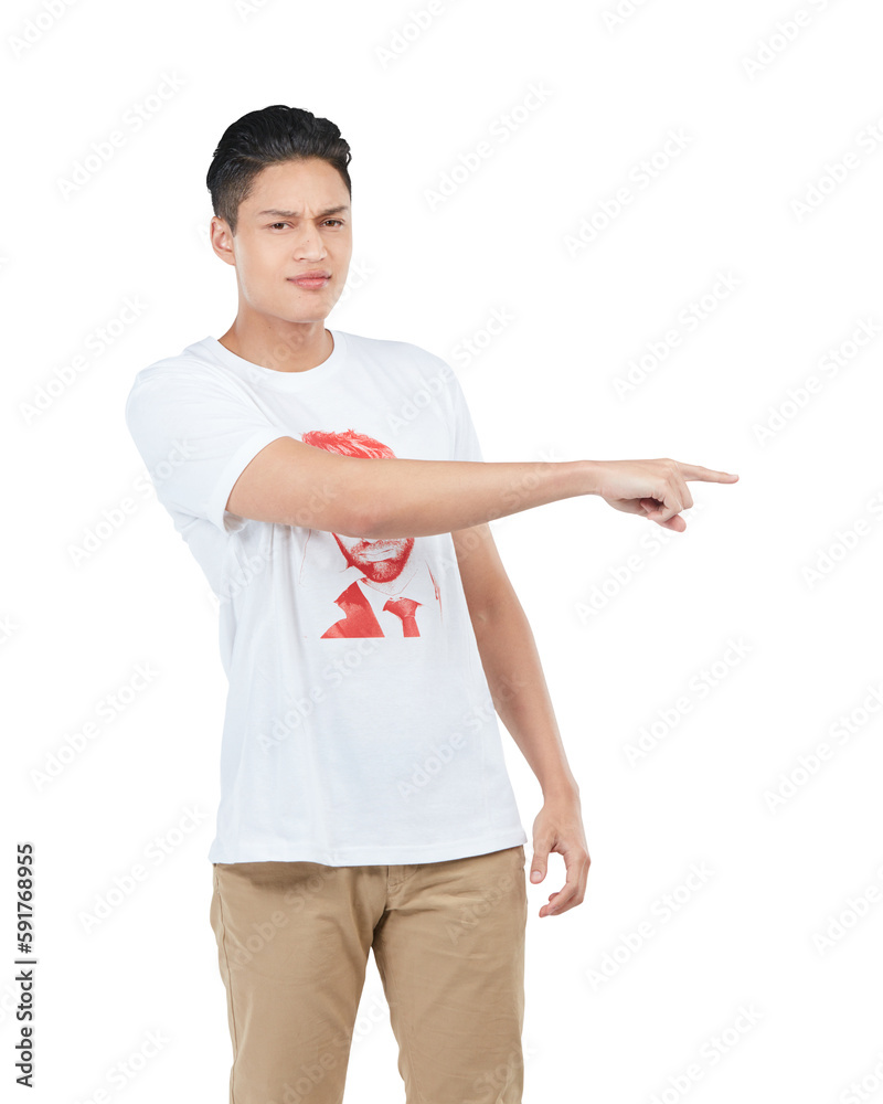 Man, pointing to space for marketing, advertising or product placement on an isolated, transparent p