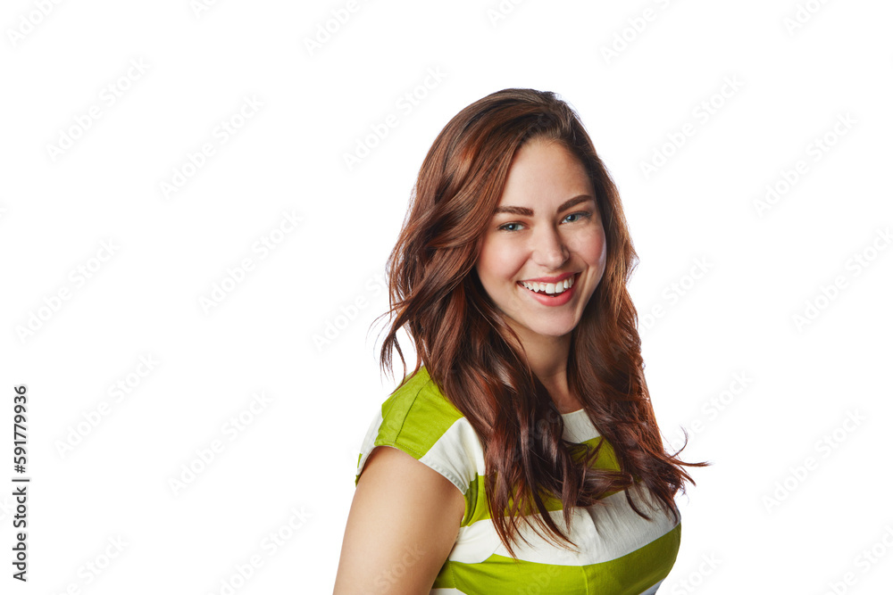 Woman, hair and happy with beauty portrait, smile in care and fashion on an isolated and transparent