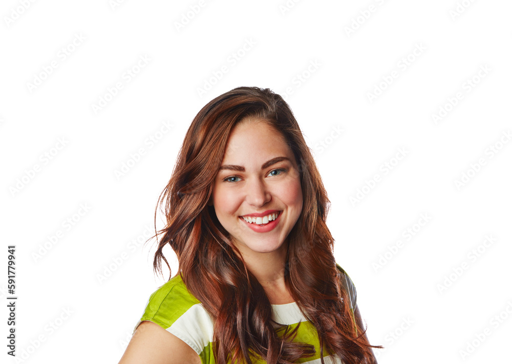 Woman, hair and smile with beauty portrait, happy in care and fashion on an isolated and transparent