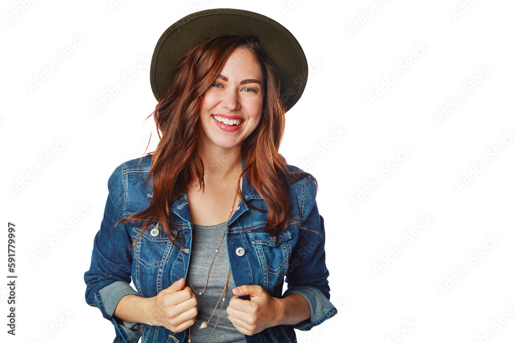 Woman, portrait or fashion clothes with hat on an isolated and transparent png background in cool br