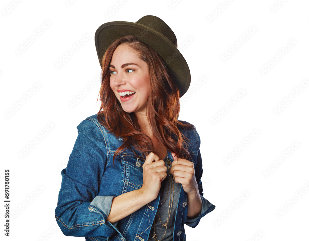 Happy woman, fashion clothes or hat on an isolated and transparent png background in cool trend or f