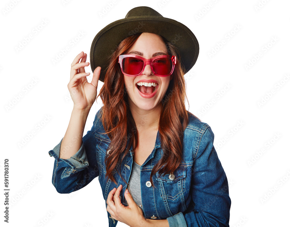 Stylish woman, fashion and sunglasses with hat, smile or excited face on an isolated, transparent pn