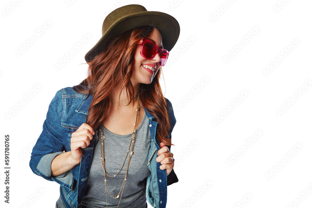 Fashion, trendy and happy woman with casual, stylish and funky outfit and accessories on isolated, t