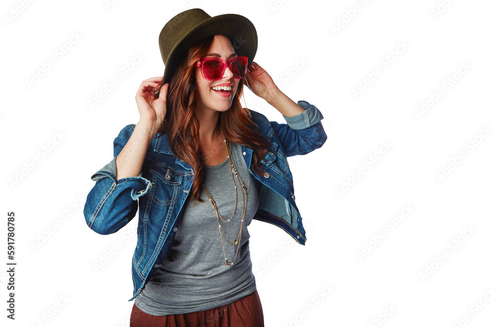 Thinking, fashion and girl youth happy with trendy style and sunglasses with smile on an isolated an