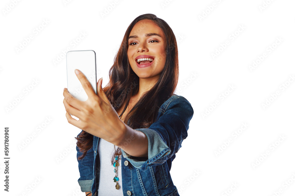 Happy woman, fashion and selfie on an isolated and transparent png background for social media, prof