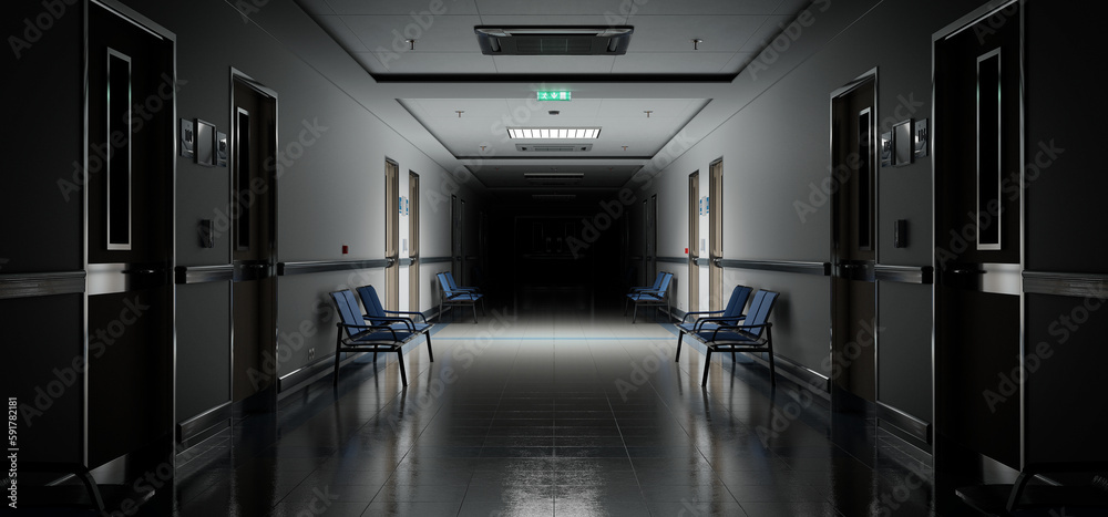 Long dark hospital corridor with rooms and seats 3D rendering. Empty accident and emergency interior