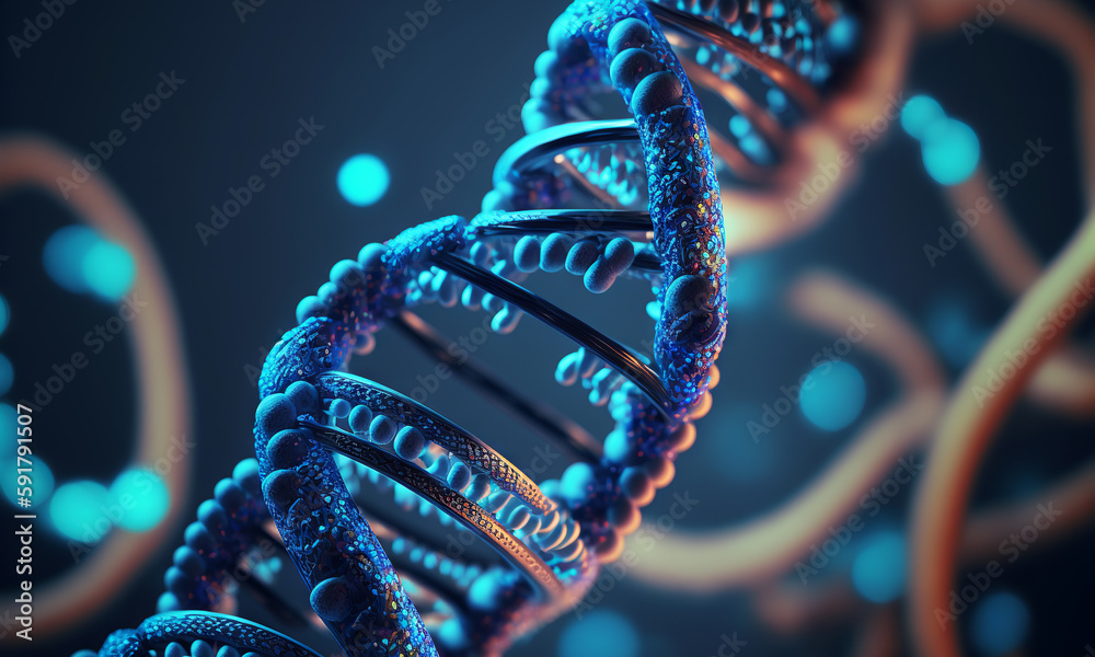 Concept of the evolution of human DNA in the distant future. View under the microscope. Blue helix b