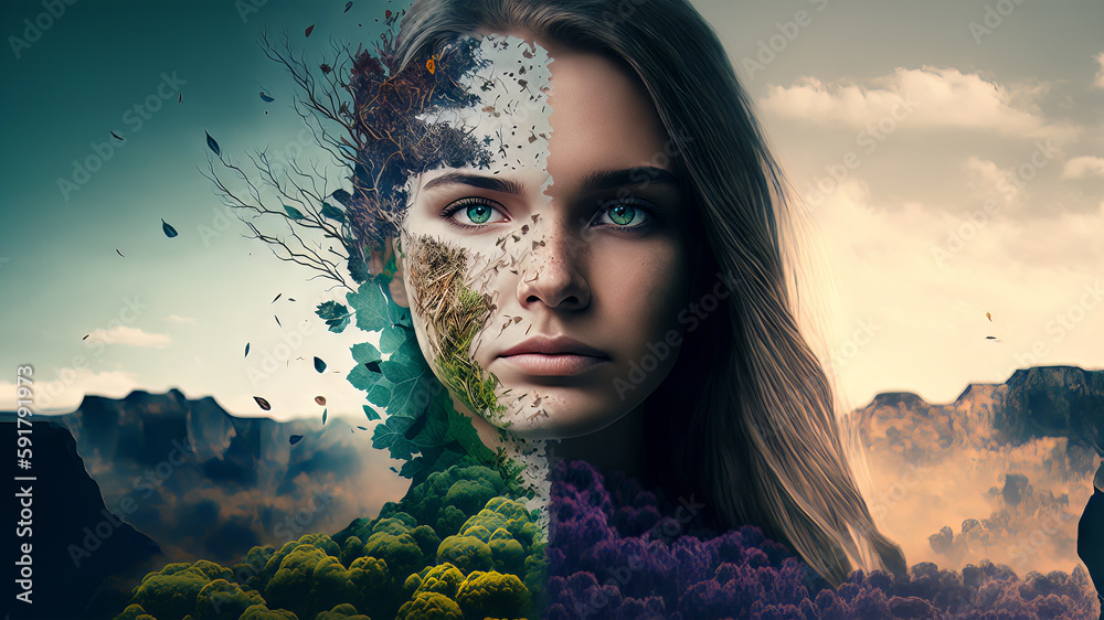 Surreal woman with natural elements over her face. Conceptual Imaginative portraits evoking differen