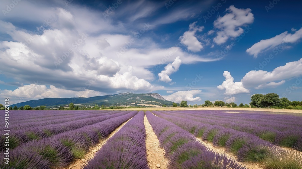 Stunning landscape with lavender field on sunny day. Generative AI