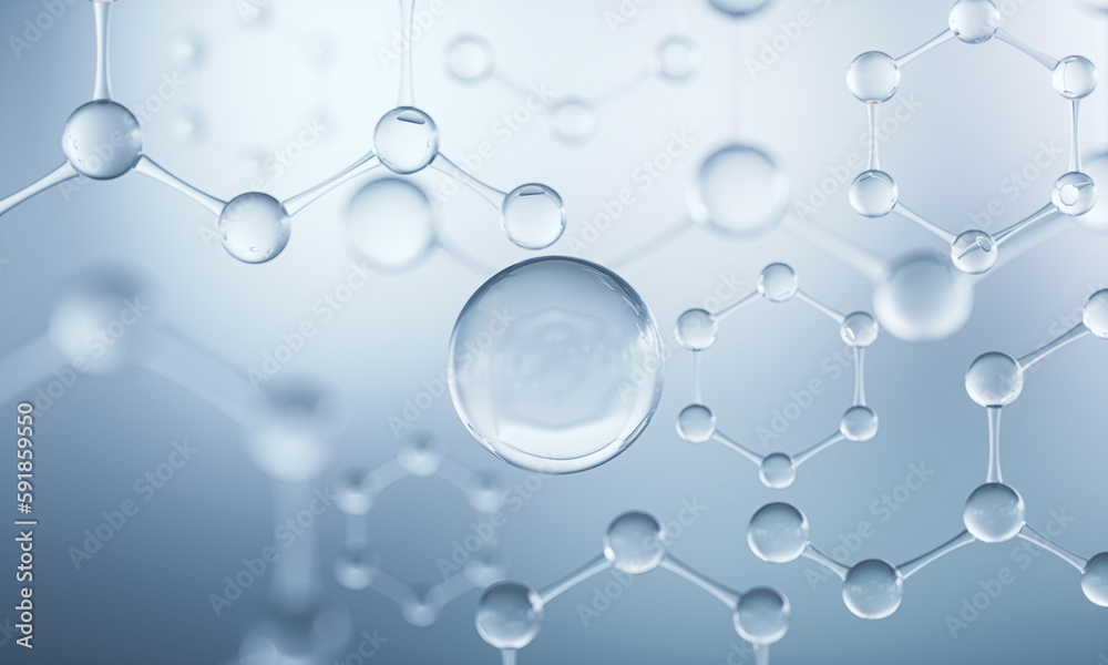 Cosmetic Essence, Liquid bubble, Molecule inside Liquid Bubble, 3d rendering