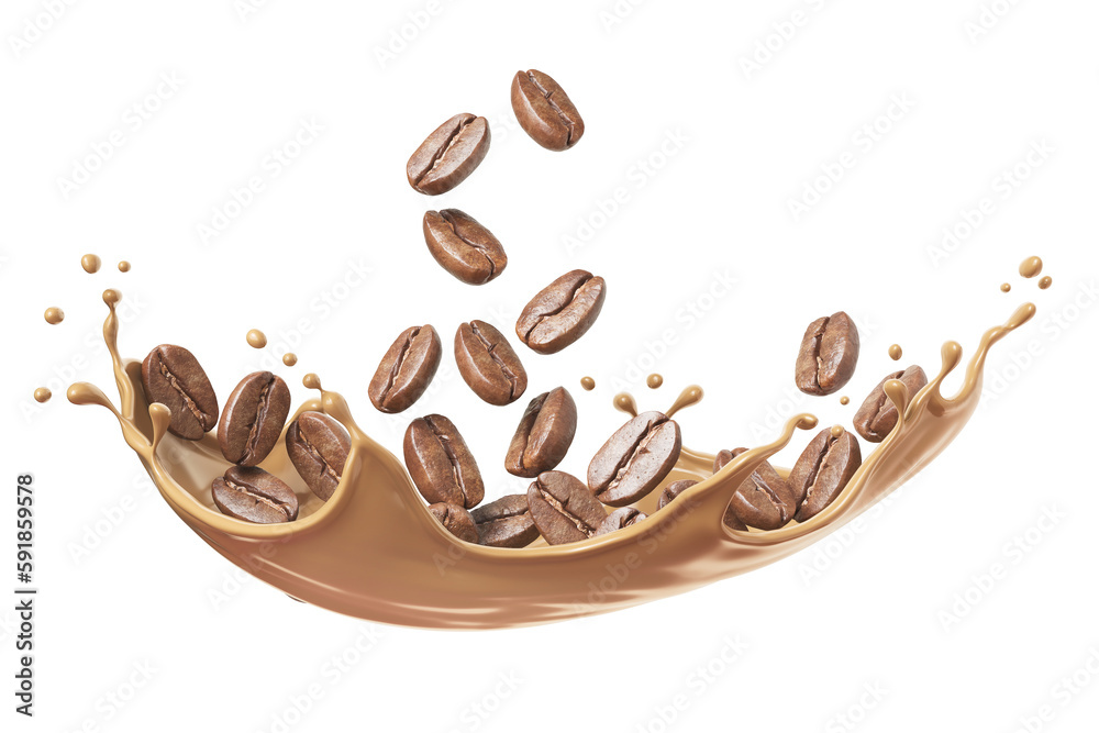 Milk coffee splash with Coffee Bean falling, 3d illustration.